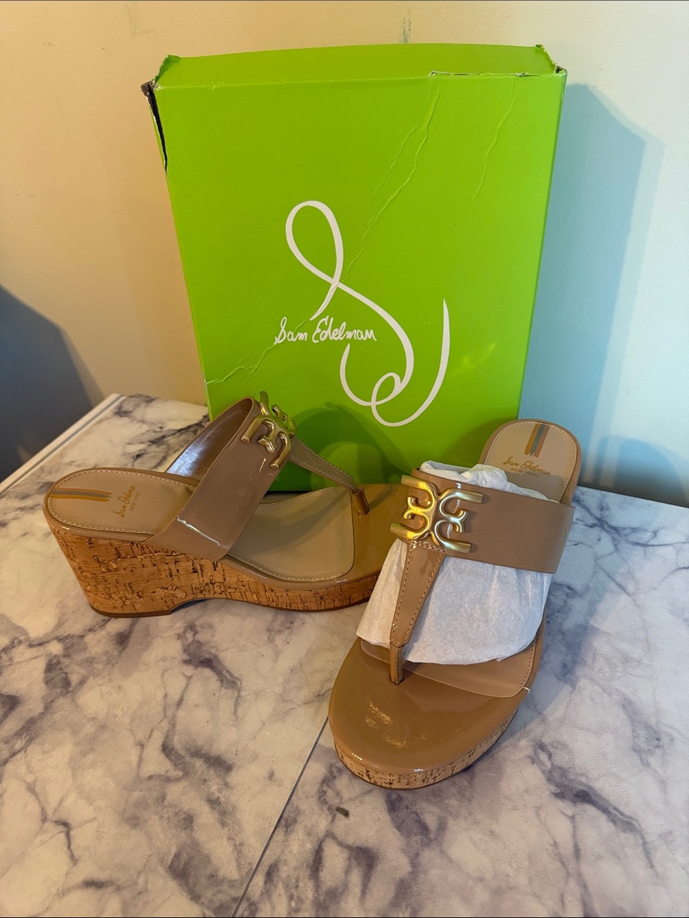 Sam Edelman Nude Patent Cork Wedge Sandals